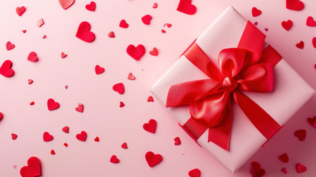 Top view of aesthetic gift in craft box with ribbon. Pink hearts confetti background. Greeting concept. Generative AI.の素材