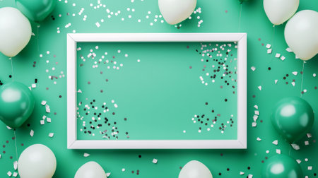 Flat lay of white frame with balloons and confetti. Green color palette. Advertising banner concept. Copy space. Generative AI.の素材