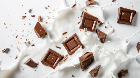Pieces of delicious broken chocolate float in splashes of milk. Dinamyc white background. Food concept. Generative AI.の素材