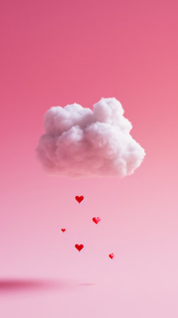 One fluffy cotton cloud raining red hearts. Love card concept. Light pink pastel background. Copy space. Generative AI.の素材
