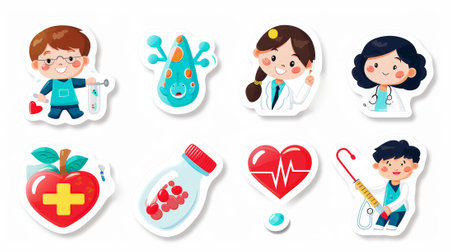 Set of fashionable children's stickers. Healthcare theme. Colorful funny labels after medical procedures. Generative AI.の素材