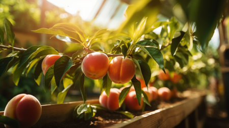 Ripe organic peaches growing on tree in greenhouse. Healthy fruits concept Generative AI.の素材