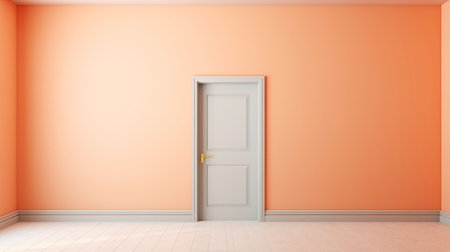 Peach fizz colored interior, empty room with door, lots of sunlight. Minimalistic contemporary concept. Generative AI.の素材