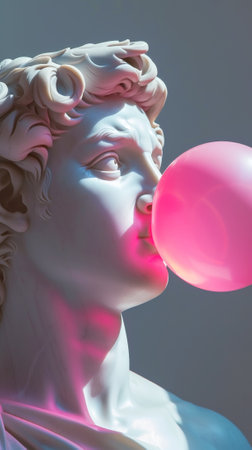 Antique-like female white statue head blows pink bubble gum. Contemporary art. Generative AI.の素材