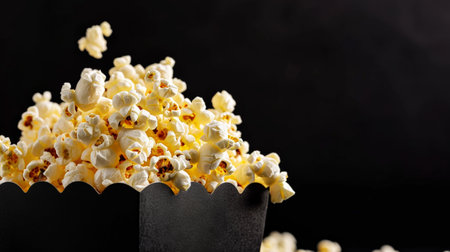 Delicious popcorn scattering from black matte box on black background. Copy space. Cinema concept. Generative AI.の素材