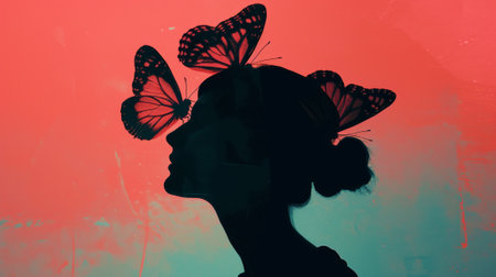 Trendy fashion magazine cover with a woman with butterflies on head and face. Pop art style. Modern Art. Generative AI.の素材