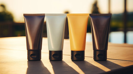 Close up of cream tubes group, product mock-up. Light background. Layout for cosmetics. Copy space. Generative AI.の素材