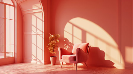 Aesthetic minimalist room interior with a cozy armchair. Peach fuzz color palette. Generative AI.の素材