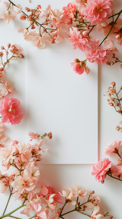 Stylish blank paper card mockup with spring flowers and petals. Luxury greeting card design concept. Generative AI.の素材