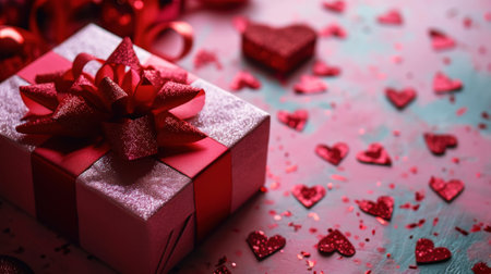 Elegant gift box with red ribbon. Girly pink background with hearts. Romantic gifts concept. Generative AI.の素材