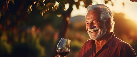 Senior smiling man with a glass of wine, blurred backdrop of vineyard on a sunset. Generative AI.の素材