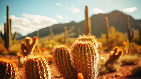 Close-up of different cacti against a desert background. Sweltering heat. Desert landscape. Generative AI.の素材