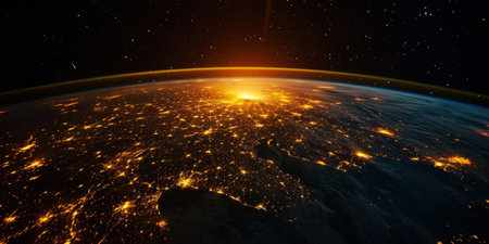 Big city lights view from space. Planet earth globe with night realistic world map. Communication concept. Generative AI.の素材