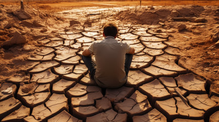 Man sits on cracked ground near dry river. Back view. Drought concept. Water crisis and arid environment. Generative AI.の素材