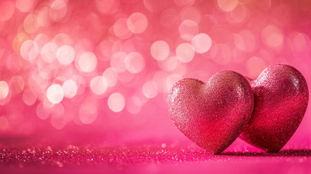 Two sparkling glitter hearts against blurred pink background. Valentine's day. Copy space. Romantic concept. Generative AI.の素材