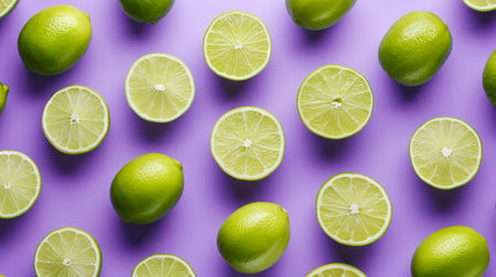 Fashionable bright pattern of limes. Pastel bright purple background. Minimalist summer food concept. Generative AI.の素材
