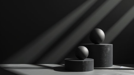 Aesthetic black podium with matte spheres of different sizes. Sun rays. Luxury concept. Dark background. Generative AI.の素材