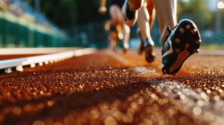 Close-up of strong athletic legs running a marathon. Professional sprinters. Sport concept. Generative AI.の素材