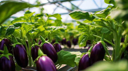 Growing organic eggplants in a greenhouse on the farm. Healthy vegetables concept. Generative AI.の素材