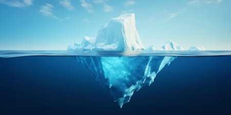 White Iceberg floating in clear blue water sea, under and above water view. Global Warming Concept. Generative AI.の素材