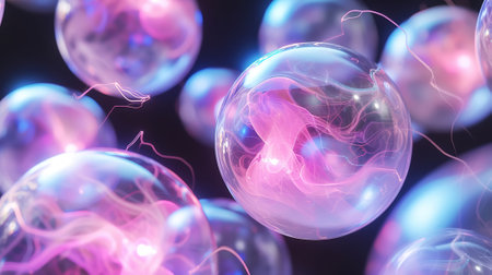 Technological abstract spheres with voice assistant wave. Innovation sound concept. Generative AI.の素材