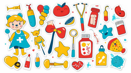 Set of fashionable children's stickers. Healthcare theme. Colorful funny labels after medical procedures. Generative AI.の素材