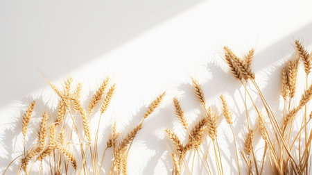 Minimalist elegant composition of wheat. Light background, strong shadows. Aesthetic wedding template. Generative AI.の素材