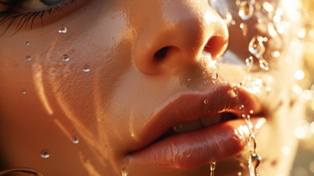 Close up of a wet perfect skin of beautiful girl. Light color palette. Natural beauty concept. Generative AI.の素材
