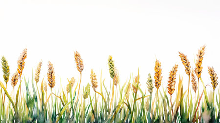 Minimalist elegant watercolor composition of wheat ripe ear. Light background. Aesthetic template. Generative AI.の素材
