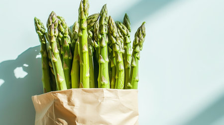 Fresh green asparagus in a paper bag on a white background. Healthy organic food concept. Generative AI.の素材