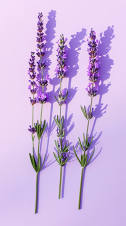 Fresh bunches of lavender against violet pastel background with shadows. Minimalist aesthetic composition. Generative AI.の素材
