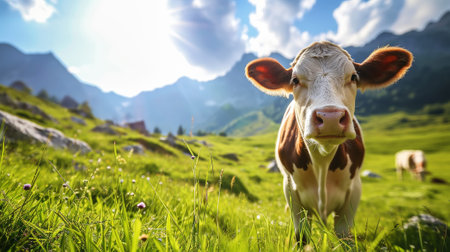 A well-groomed cow on a green meadow on a sunny day. Organic dairy products concept. Agricultural landscape. Generative AI.の素材