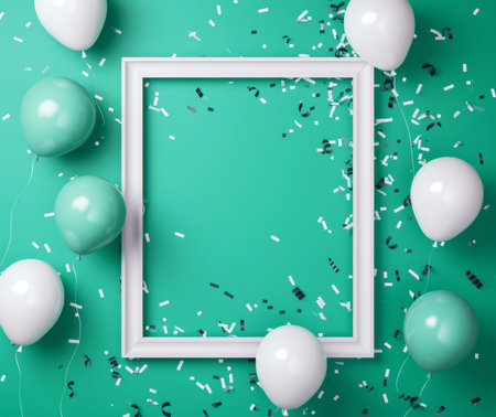 Flat lay of white frame with balloons and confetti. Green color palette. Advertising banner concept. Copy space. Generative AI.の素材