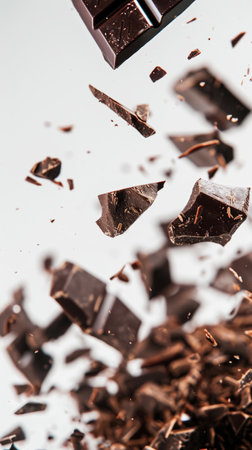 Splash of delicious broken pieces of dark chocolate. White background. Food concept. Generative AI.の素材