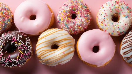 Delicious pink glamorous donuts with glaze on light background. Top view. Generative AI.の素材