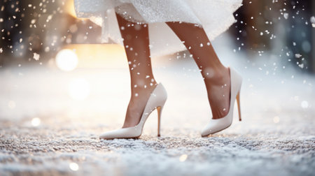 Close-up of female legs in heels running and kicking snow. Snowy weather concept. Light color palette. Generative AI.の素材