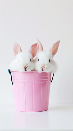 A white fluffy rabbit looks out of a pink bucket. Copy space. Greeting card concept. Generative AI.の素材
