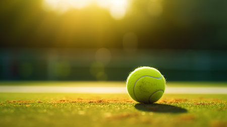 Closeup of tennis ball on empty court. Tennis match on sunny day. Concept of a sporty lifestyle. Generative AI.の素材