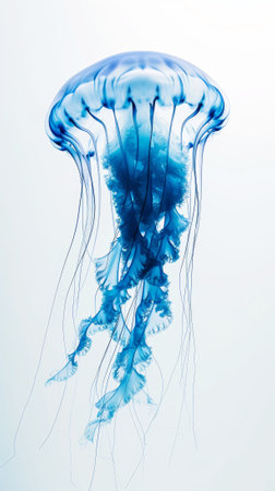 Aesthetic light blue jellyfish floating against light backdrop. Ocean ecosystem concept. Generative AI.の素材