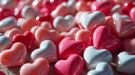 Pink and white aesthetic heart figures. Pastel colors. Romantic love background. Valentine's Day concept. Generative AI.の素材