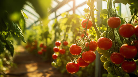 Ripe red tomatoes cluster in greenhouse. Vegetable on organic farm concept. Generative AI.の素材