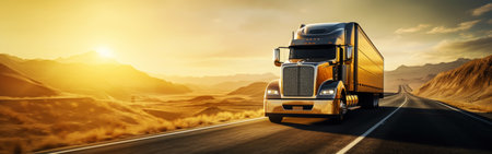 Panoramic view on large truck on a highway road through the countryside in a beautiful sunrise. Generative AI.の素材