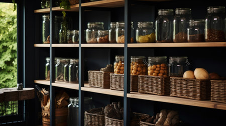 Organization of food storage. Cozy pantry with glass jars and wicker baskets. Dark color palette. Generative AI.の素材