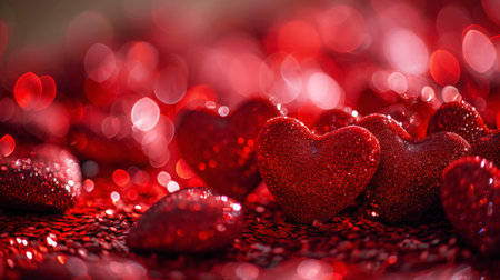Close up of red glitter hearts on sparkling background. Copy space. Valentines Day. Romantic Concept. Generative AI.の素材
