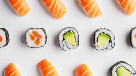 Delicious fresh salmon nigiri and sushi rolls. Light background. Asian cuisine. Aesthetic food concept. Generative AI.の素材