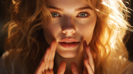 Close up of a blonde woman touching her face with hands. Light color palette. Natural beauty concept. Generative AI.の素材