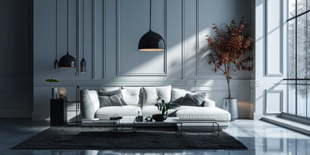 Luxury dark loft living room with concrete walls and white sofa. Interior background concept. Generative AI.の素材