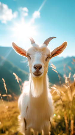 Well-groomed goat on green meadow on a sunny day. Organic dairy products concept. Agricultural landscape. Generative AI.の素材