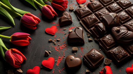 Valentines day dark background. Chocolate hearts and red tulips. Copy space. Love and concept. Generative AI.の素材