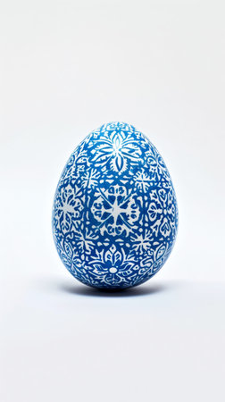Aesthetic easter egg in traditional blue ethnic painting style. White background. Copy space. Generative AI.の素材